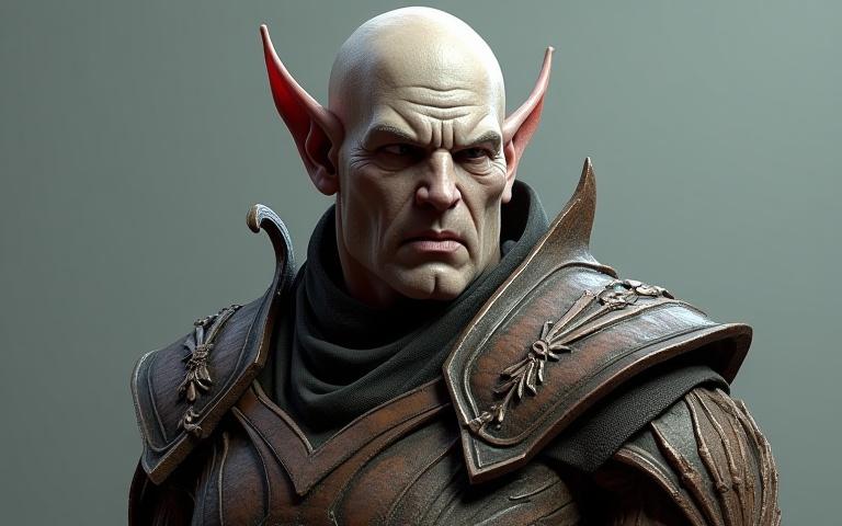 Ein detailliertes 3D-Modell eines fantastischen Charakters mit expressiven Gesichtszügen und aufwendiger Rüstung, präsentiert in einer neutralen Studiobeleuchtung.