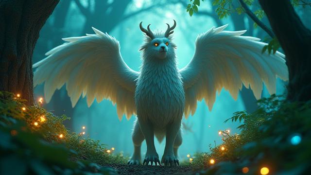 Ausschnitt aus einer cineastischen 3D-Sequenz mit einem mythischen Tier in einem magischen Wald, detaillierte Felltexturen und atmosphärisches Licht.