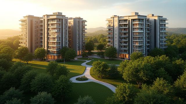 Ein fotorealistisches Rendering eines neuen Wohnkomplexes in einer grünen Parklandschaft bei Sonnenaufgang.