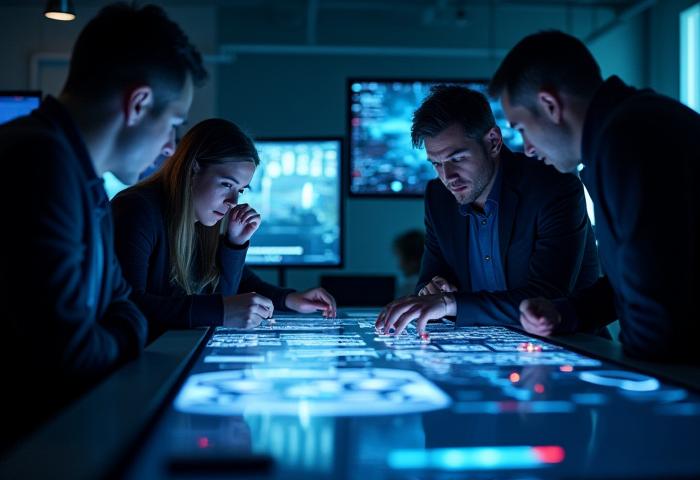 Teammitglieder von Vektorgestalt arbeiten gemeinsam an einem großen Bildschirm in einem modernen, hellen Studio.